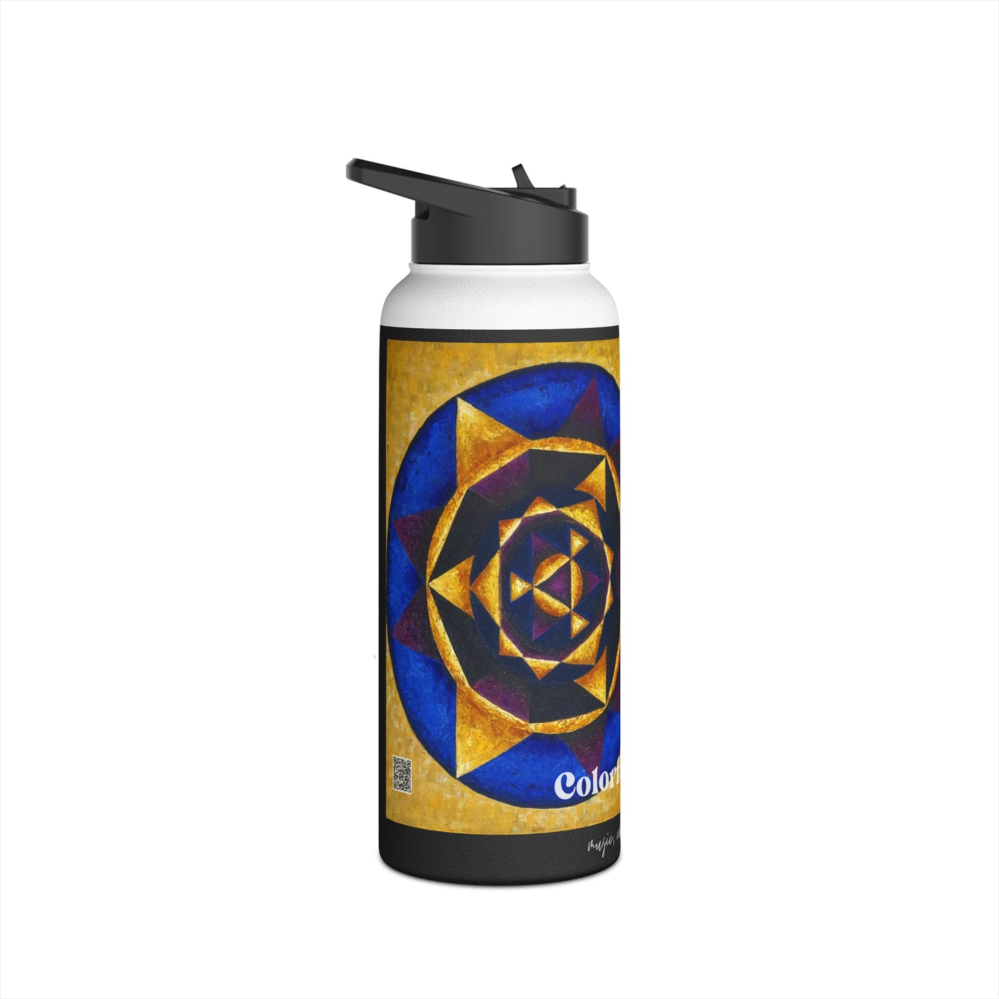 Stainless Steel Water Bottle, Standard Lid: E represented in yellow with a dominant fifth / Primary Nahuales