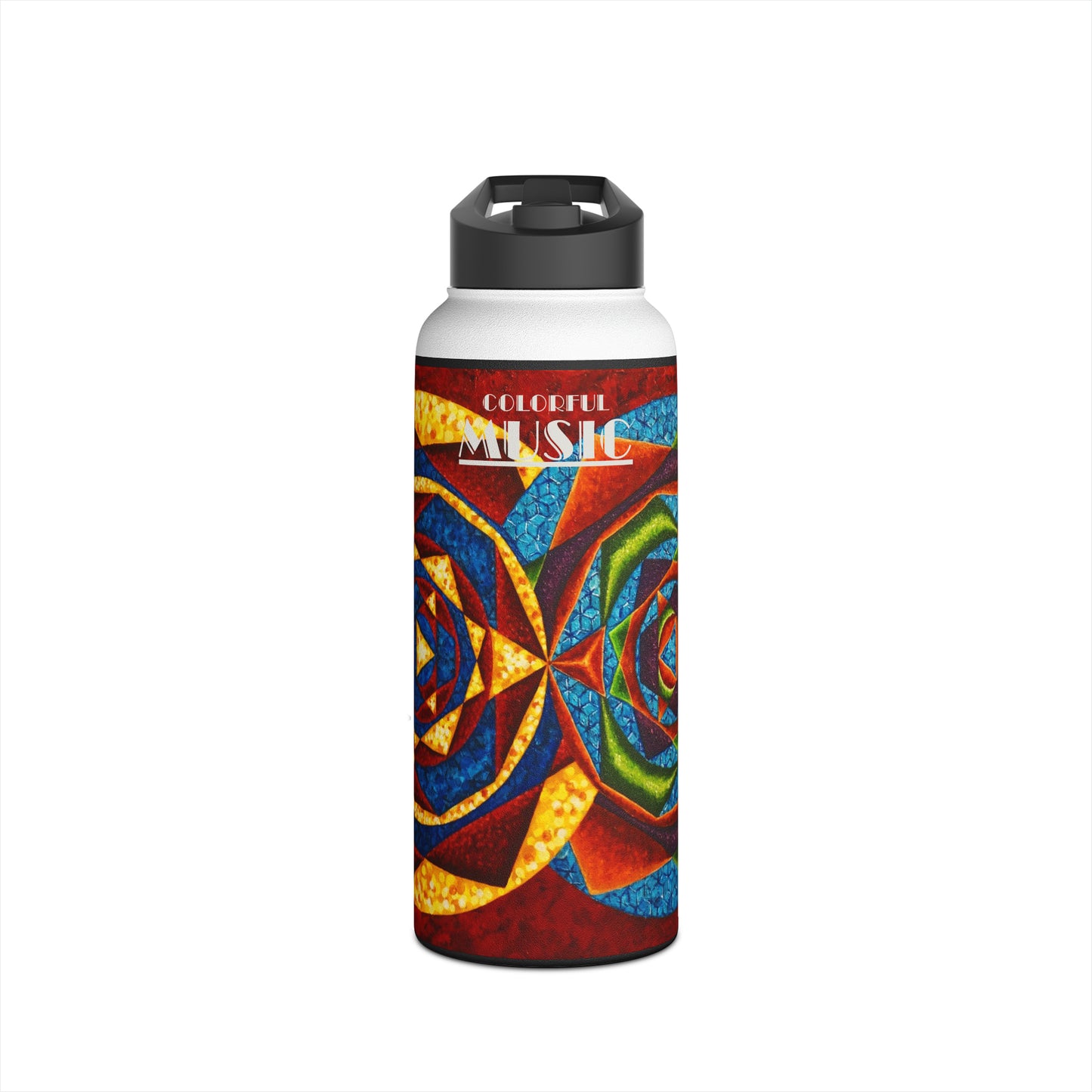 Stainless Steel Water Bottle, Standard Lid: E represented in yellow with a dominant fifth / Primary Nahuales