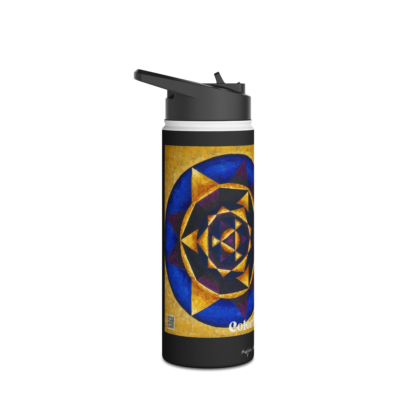 Stainless Steel Water Bottle, Standard Lid: E represented in yellow with a dominant fifth / Primary Nahuales