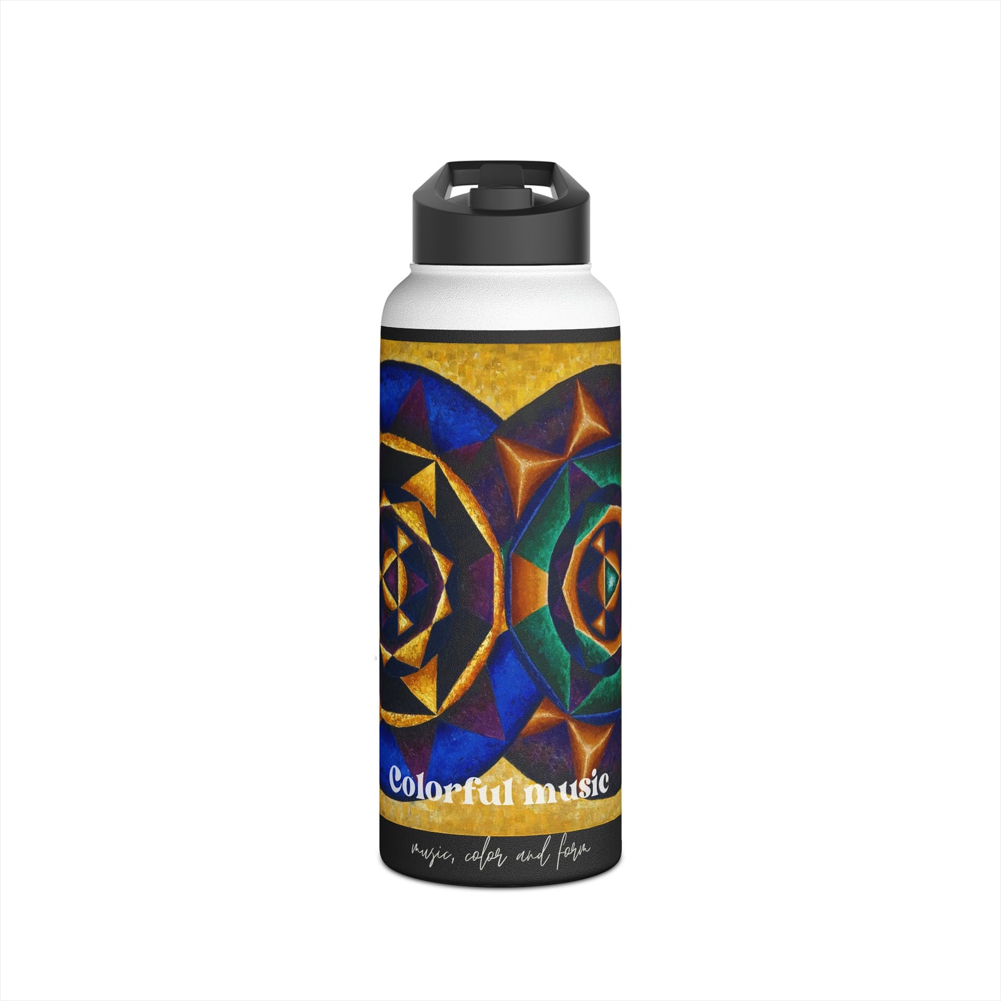 Stainless Steel Water Bottle, Standard Lid: E represented in yellow with a dominant fifth / Primary Nahuales