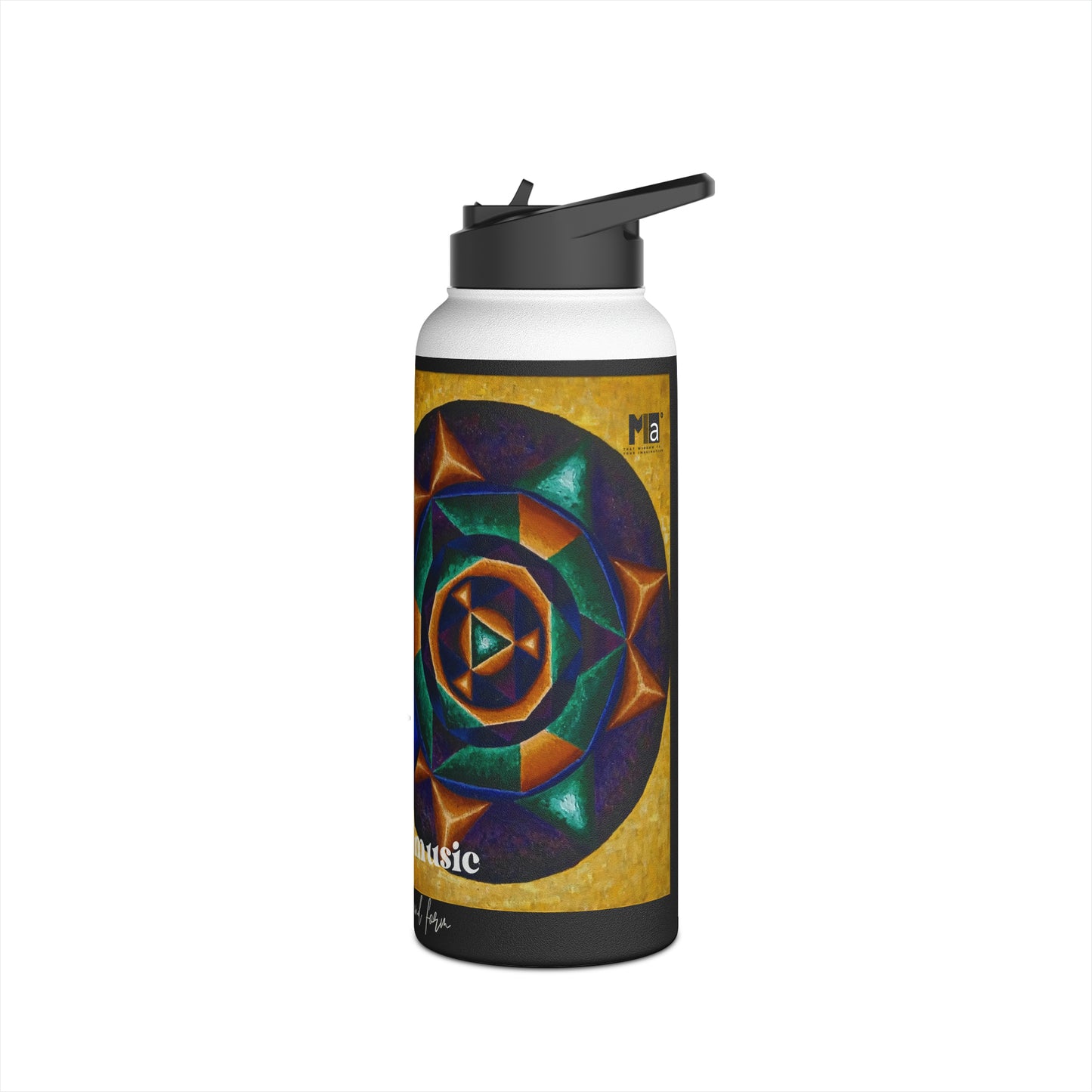 Stainless Steel Water Bottle, Standard Lid: E represented in yellow with a dominant fifth / Primary Nahuales