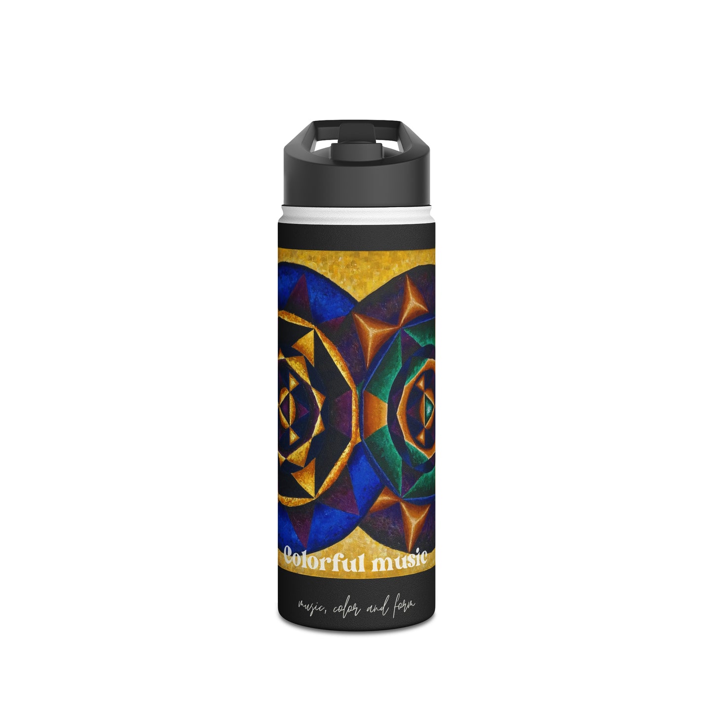 Stainless Steel Water Bottle, Standard Lid: E represented in yellow with a dominant fifth / Primary Nahuales